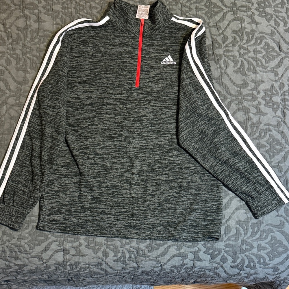 Adidas Boys Size L Charcoal Zip-Up Sweater with White Stripes and Red zip